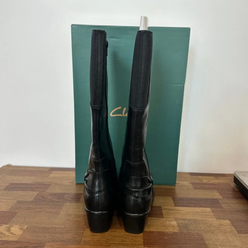 Clarks Wyld Polka 7 NEW Box Black Leather Knee High Wedge Heel Round Toe